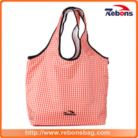 Foldable and Portable Fashion Soft Pink Grid Stripe Lady Tote Bag Wholesale