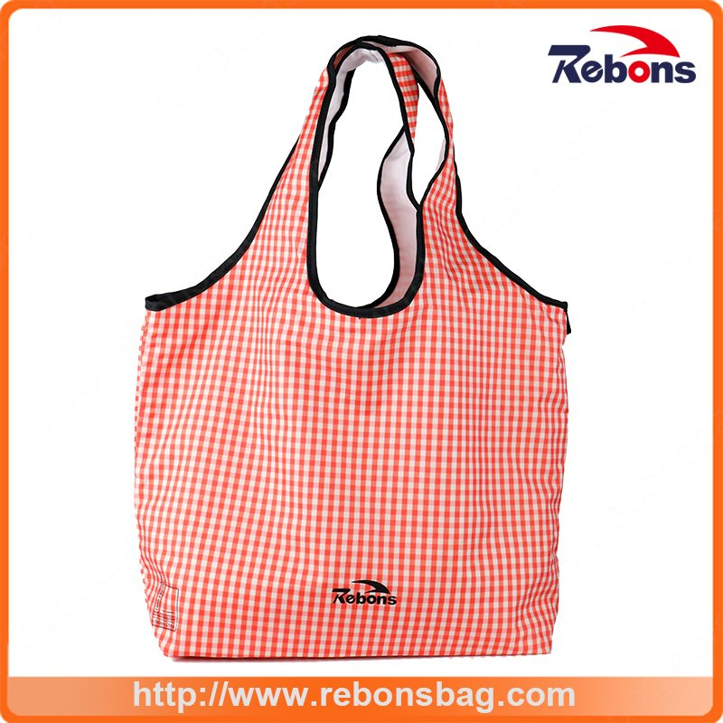 Foldable and Portable Fashion Soft Pink Grid Stripe Lady Tote Bag Wholesale
