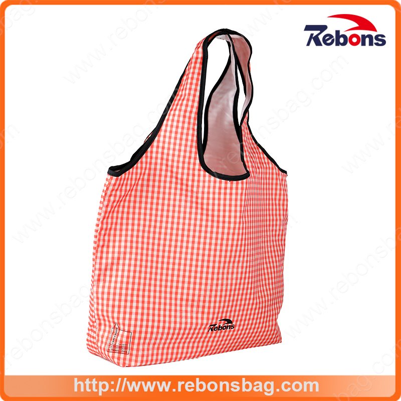 Foldable and Portable Fashion Soft Pink Grid Stripe Lady Tote Bag Wholesale