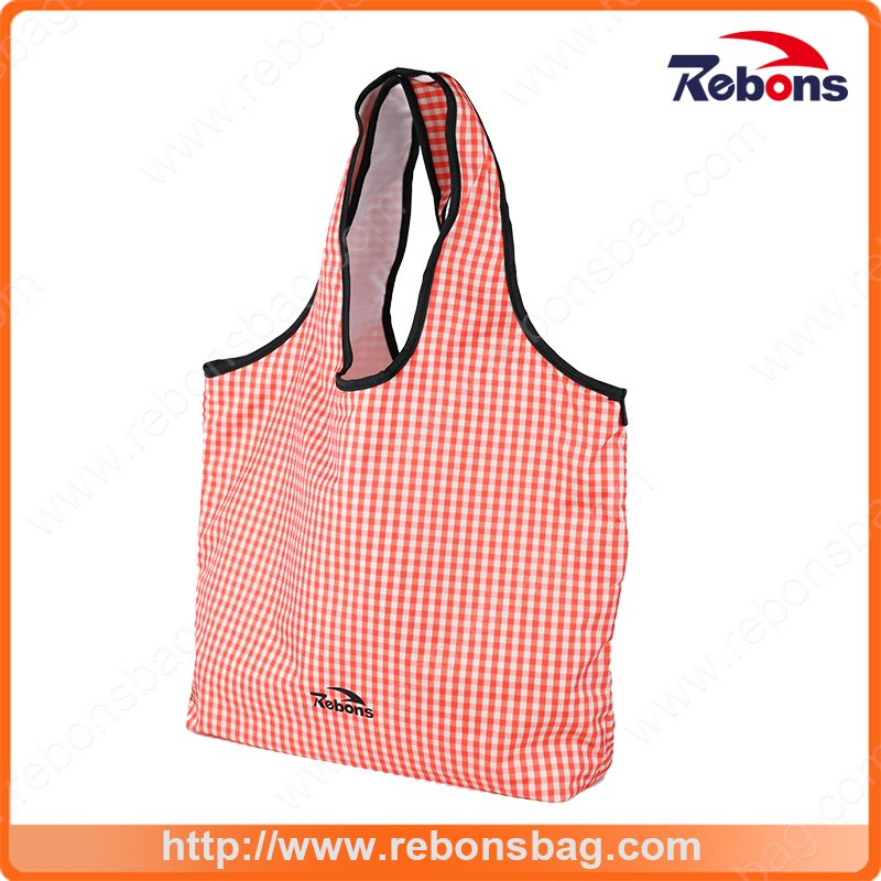 Foldable and Portable Fashion Soft Pink Grid Stripe Lady Tote Bag Wholesale